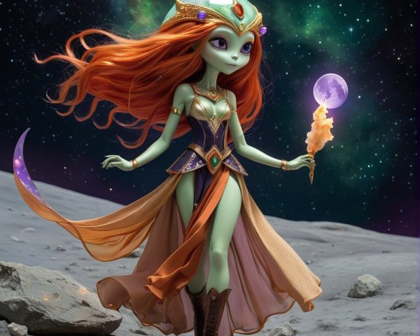 Vibrant Alien Princess on Lunar Landscape with Orb
