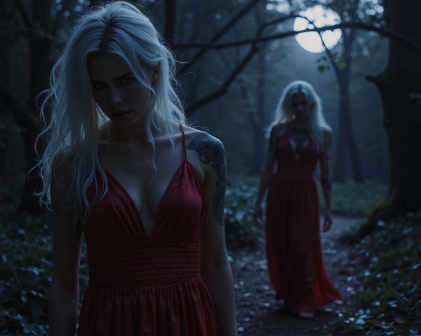 Mystical Forest Scene with White-Haired Figures