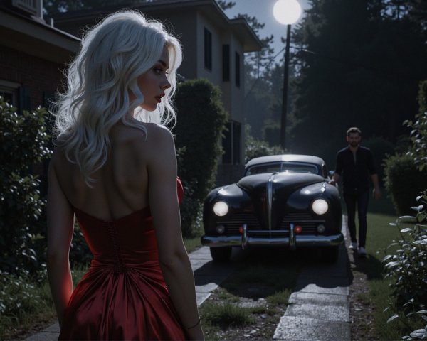 Woman in Red Dress by Vintage Car at Night