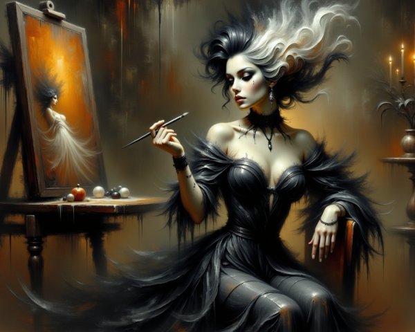 Elegant Woman in Black Gown Surrounded by Artistry