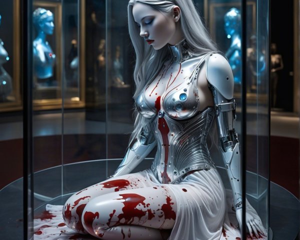 Humanoid Robot in Display Case with Bloodstained Dress