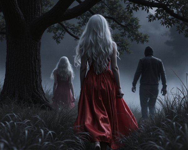 Misty Forest Scene with Figures in Red Dresses