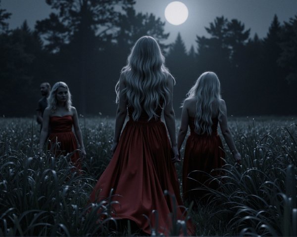 Three Women in Red Gowns in Moonlit Field