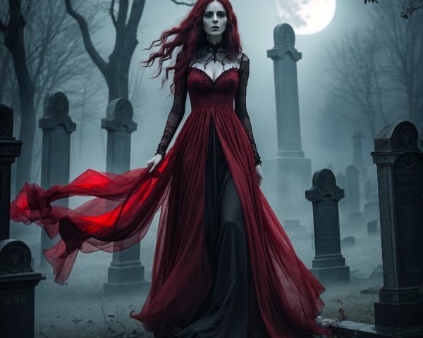 Mysterious Figure in Foggy Graveyard with Full Moon