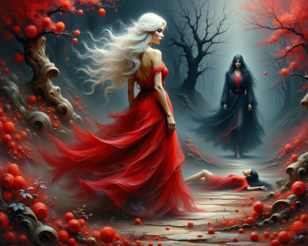 Mystical Forest Scene with Enigmatic Figures and Orbs