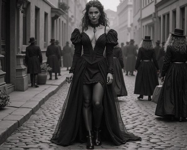 Gothic Elegance in a Cobblestone Street Scene