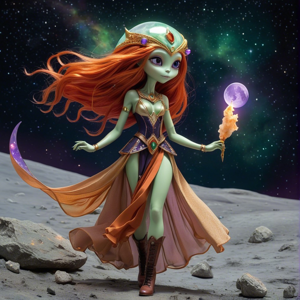Vibrant Alien Princess on Lunar Landscape with Orb