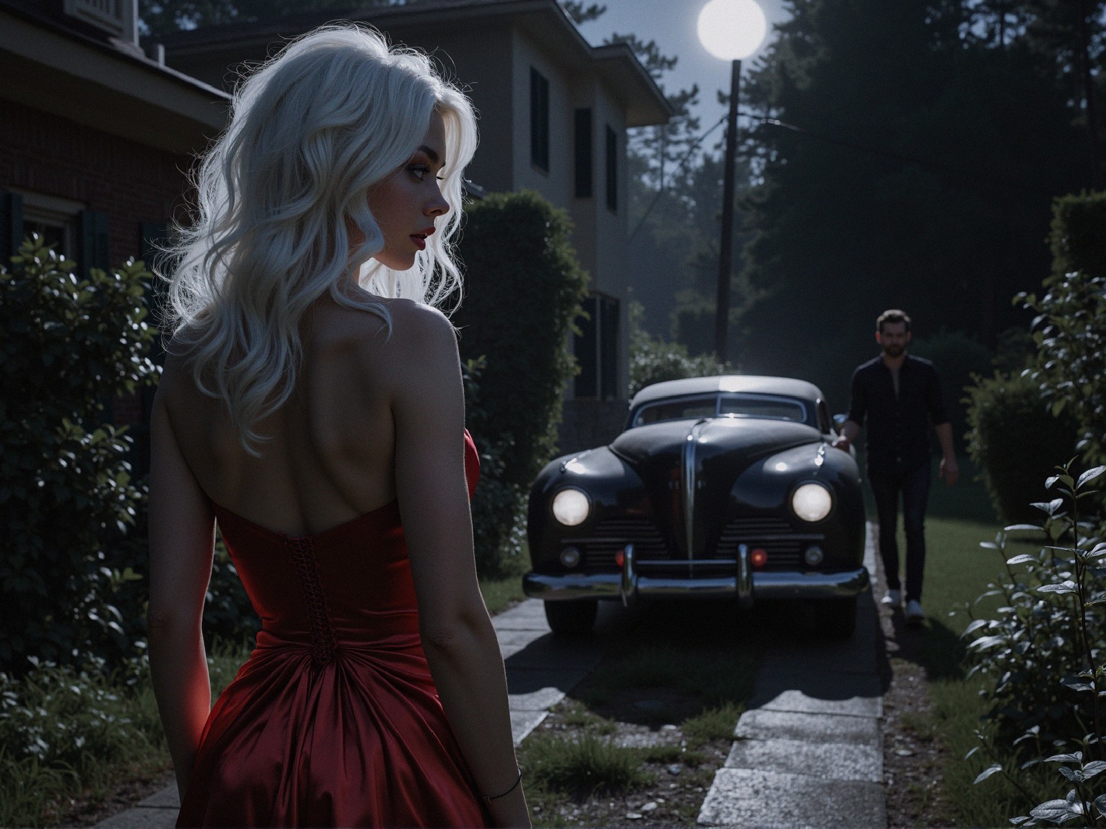 Woman in Red Dress by Vintage Car at Night
