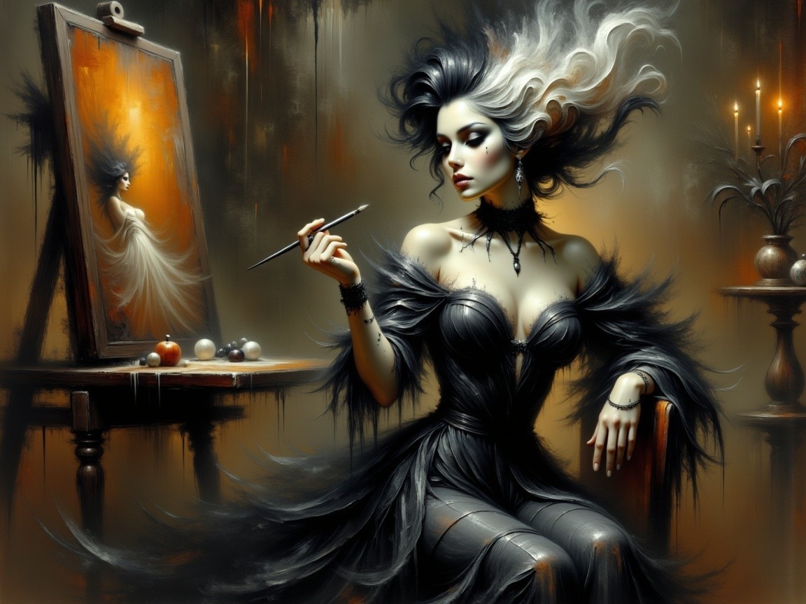 Elegant Woman in Black Gown Surrounded by Artistry