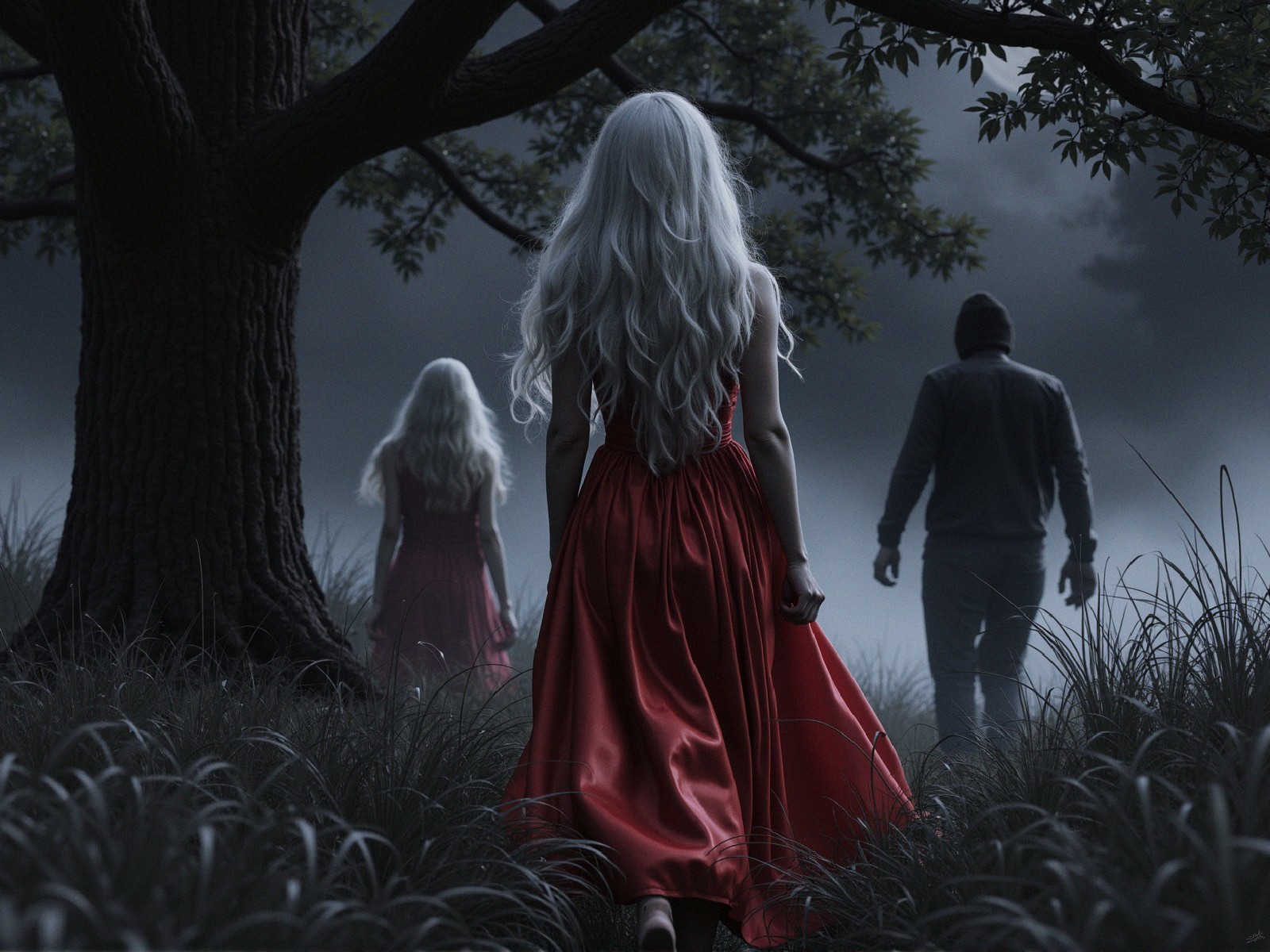 Misty Forest Scene with Figures in Red Dresses