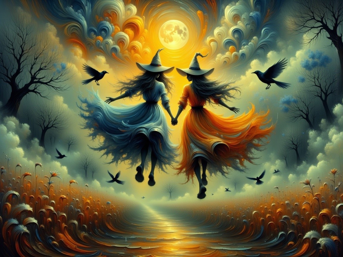 Witches Soaring Over a Twilight Landscape with Moonlight