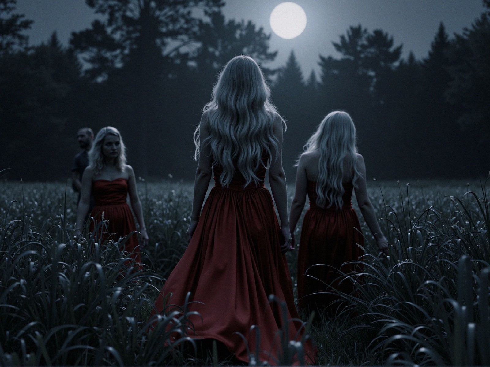 Three Women in Red Gowns in Moonlit Field