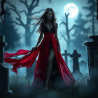 Mysterious Figure in Foggy Graveyard with Full Moon