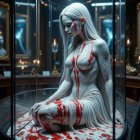 Humanoid Robot in Display Case with Bloodstained Dress