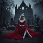Eerie Graveyard Scene with Figure in Red Gown