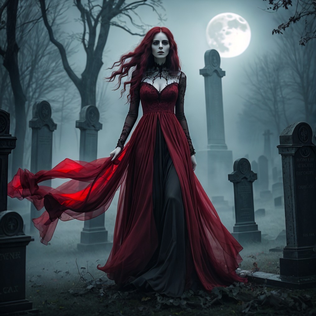 Mysterious Figure in Foggy Graveyard with Full Moon