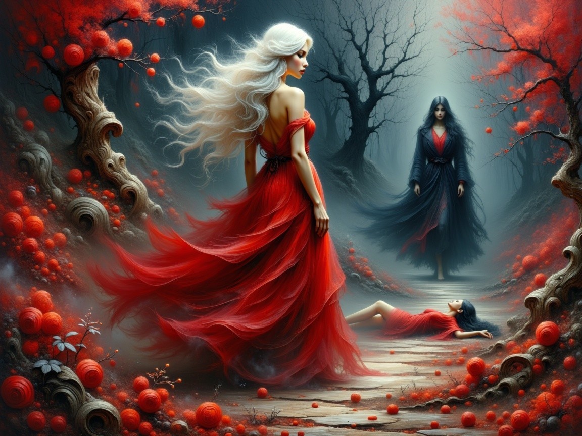 Mystical Forest Scene with Enigmatic Figures and Orbs