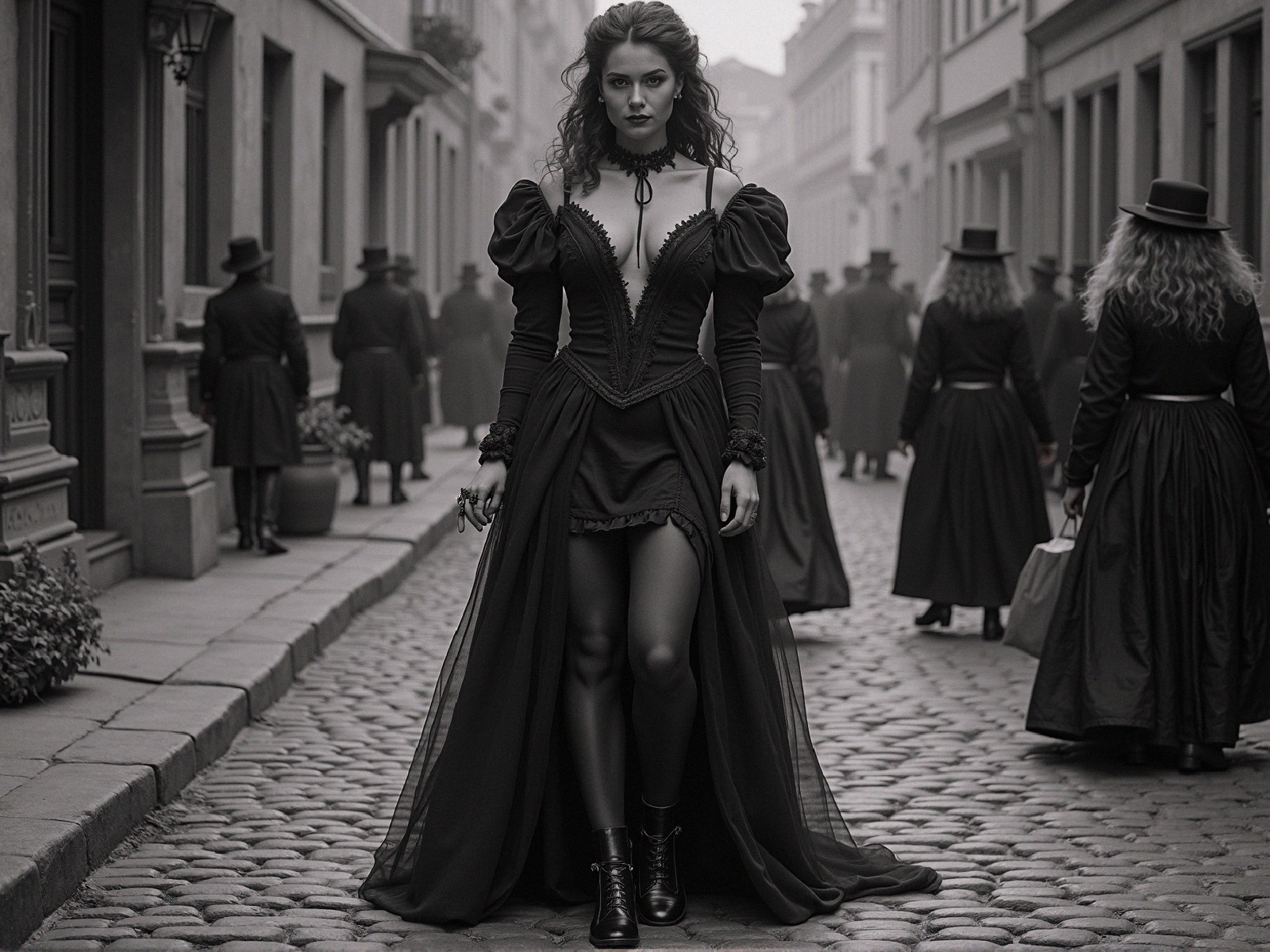 Gothic Elegance in a Cobblestone Street Scene