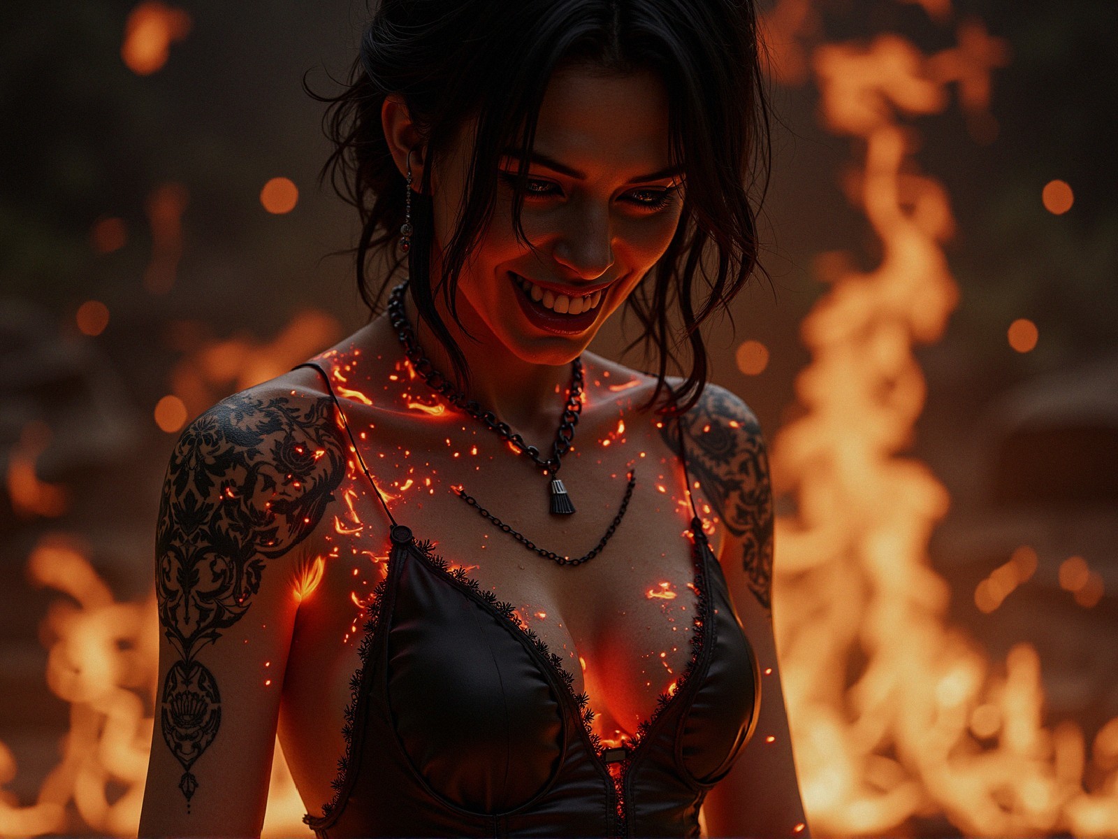 Fierce figure in black leather with tattoos and flames