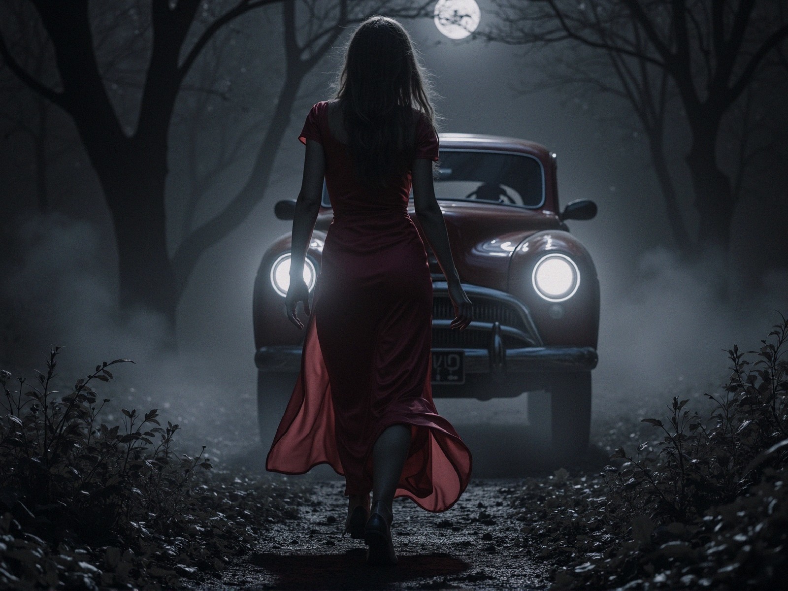 Misty Moonlit Forest with Woman in Red Dress and Car