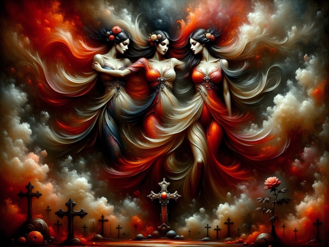 Ethereal Figures in Flowing Gowns Amid Smoky Clouds