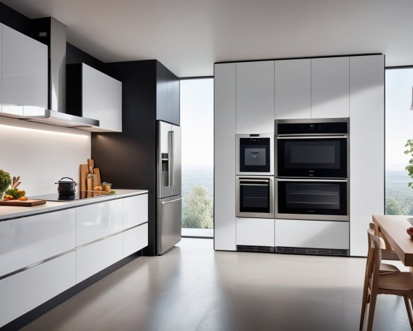Modern Kitchen with White Cabinets and Black Wall