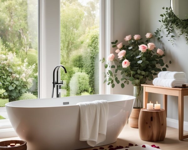 Serene Bathroom with Freestanding Bathtub and Roses