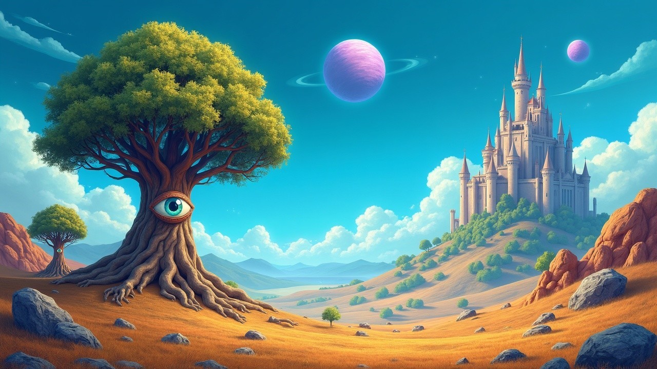 Majestic castle in vibrant fantasy landscape with planets