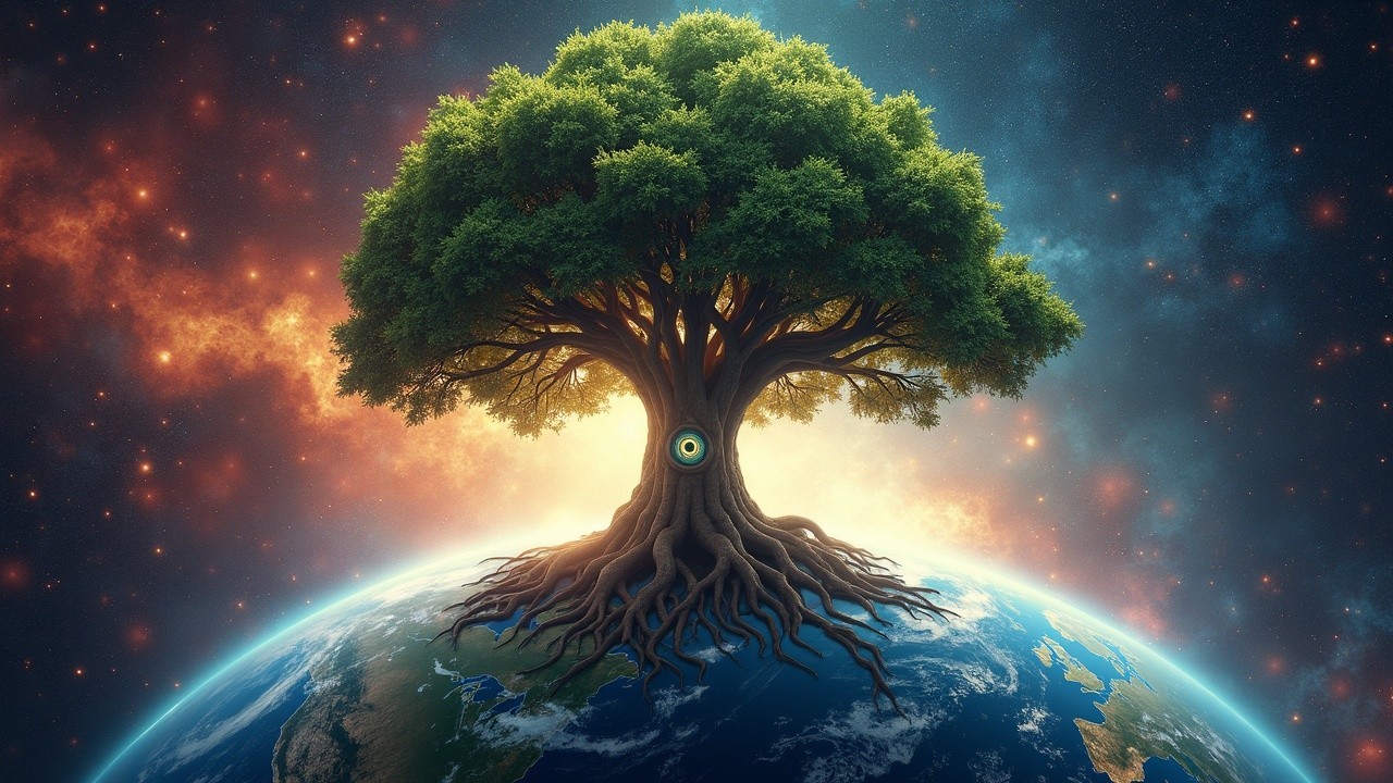 Majestic Tree on Planet with Cosmic Background