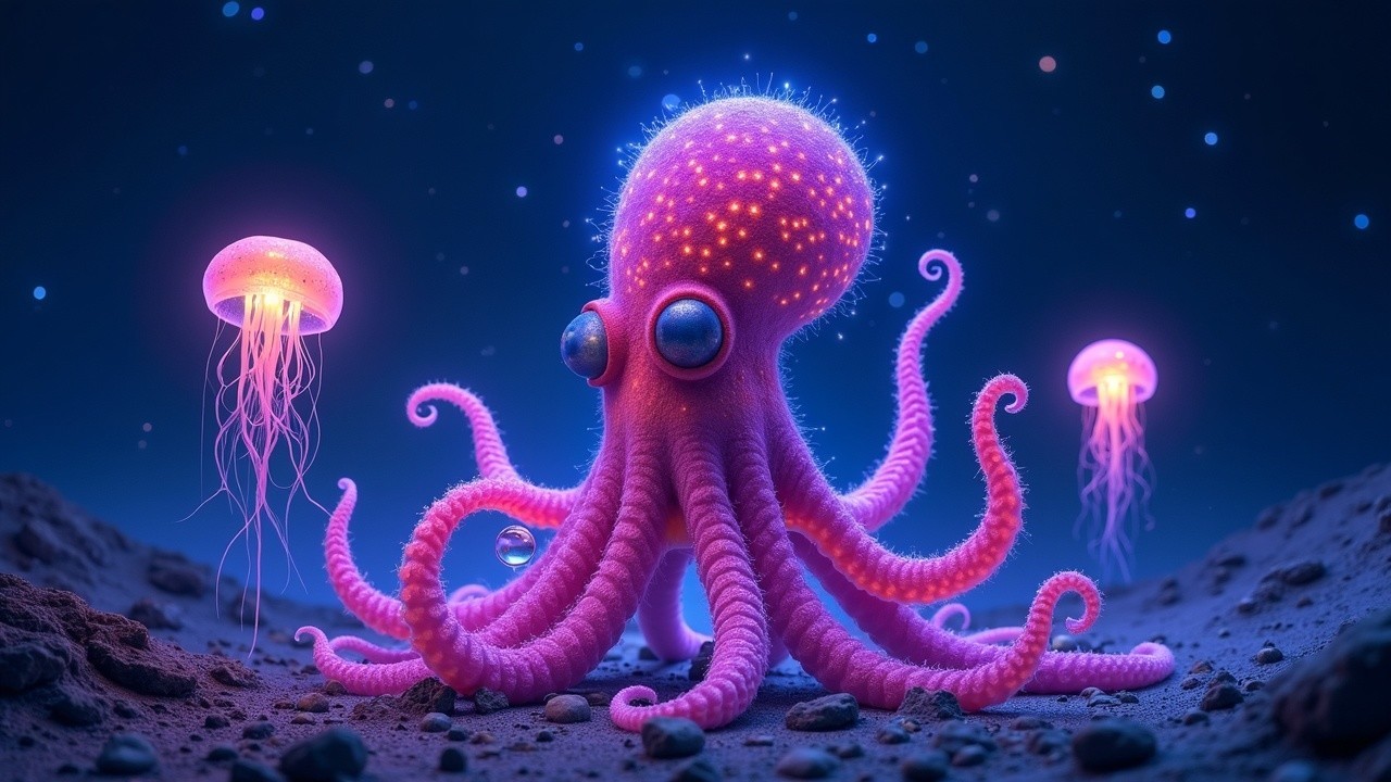 Bioluminescent Octopus and Jellyfish Underwater Scene