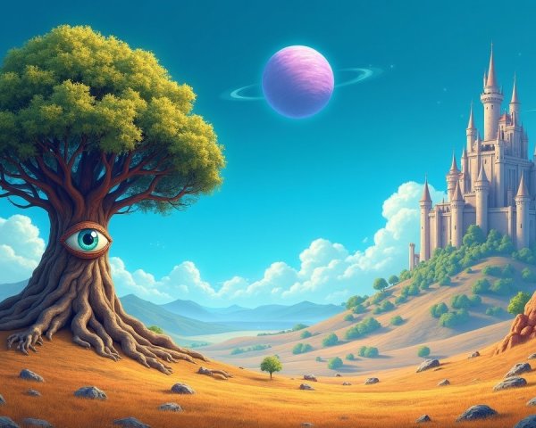 Majestic castle in vibrant fantasy landscape with planets