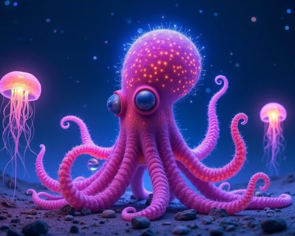 Bioluminescent Octopus and Jellyfish Underwater Scene