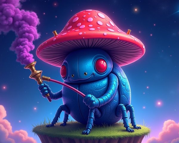 Whimsical Blue Beetle Creature with Mushroom Cap and Smoke
