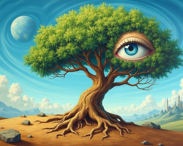 Surreal Landscape with Enormous Eye Tree and Castle