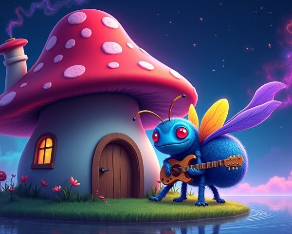 Vibrant Blue Bee with Guitar by Mushroom House