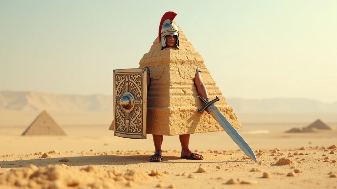 Surreal Desert Warrior in Pyramid Armor and Pyramids