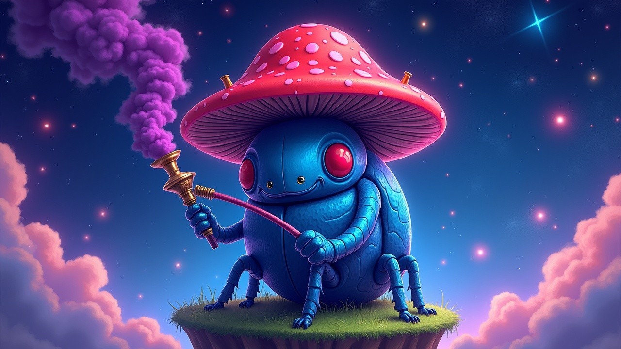 Whimsical Blue Beetle Creature with Mushroom Cap and Smoke