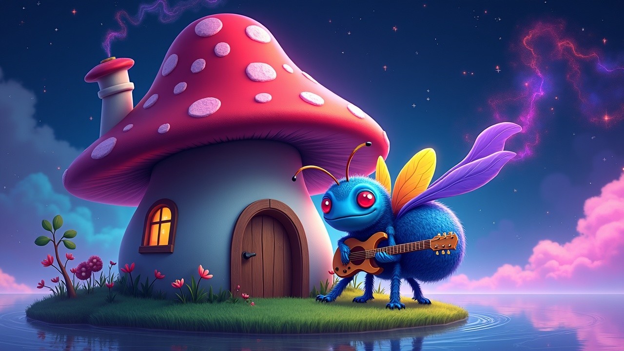 Vibrant Blue Bee with Guitar by Mushroom House