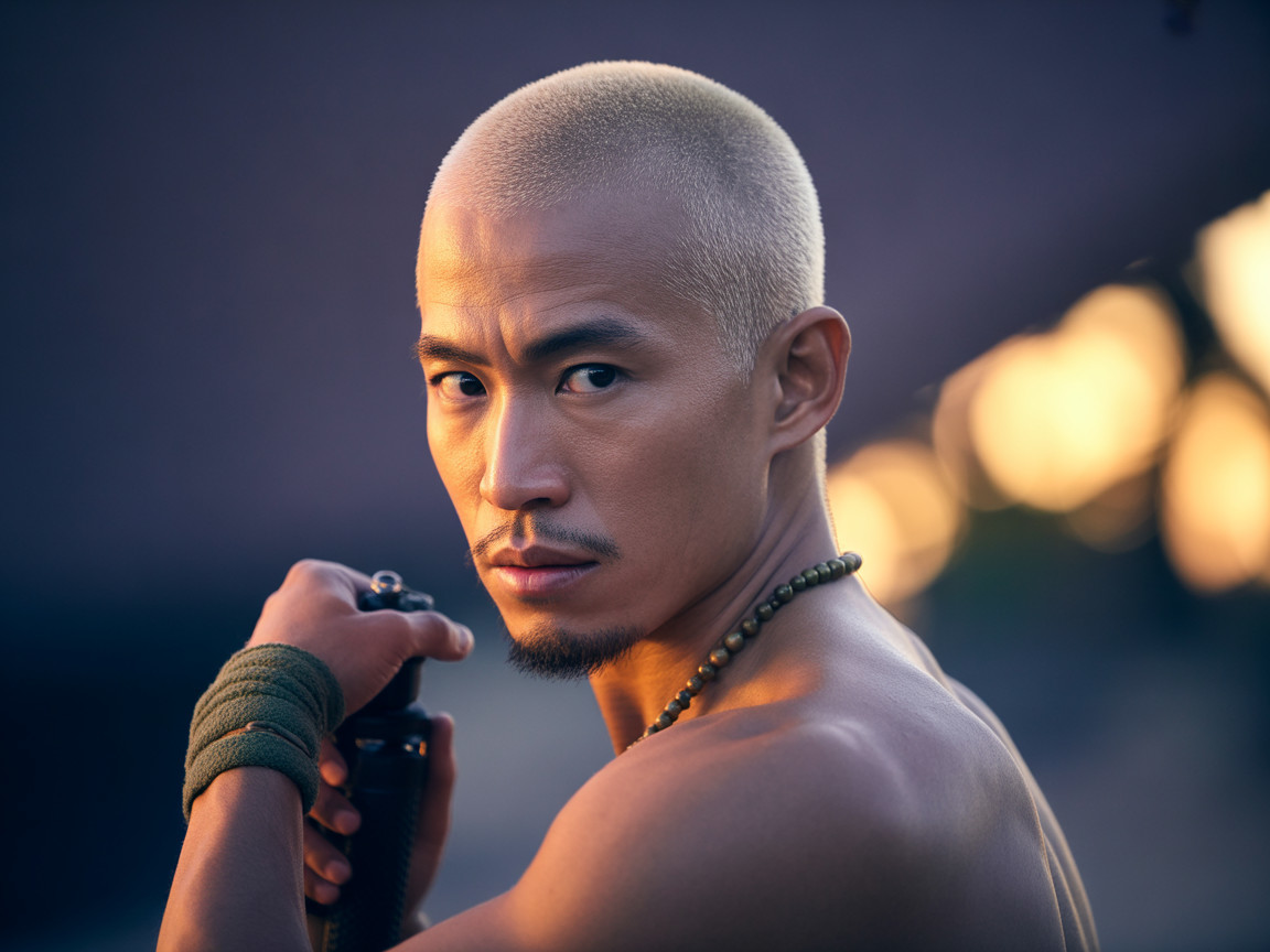 Muscular Man Holding Weapon in Dramatic Lighting