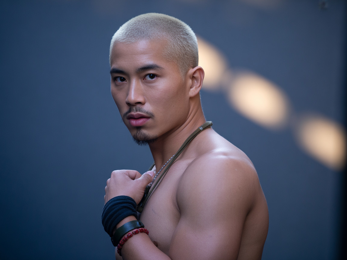 Muscular Man Posing with Tattoos and Strong Expression