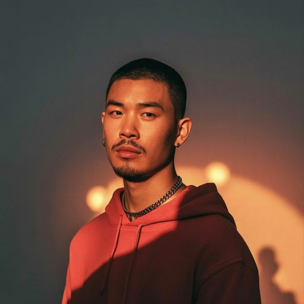 Young man in oversized hoodie with warm lighting