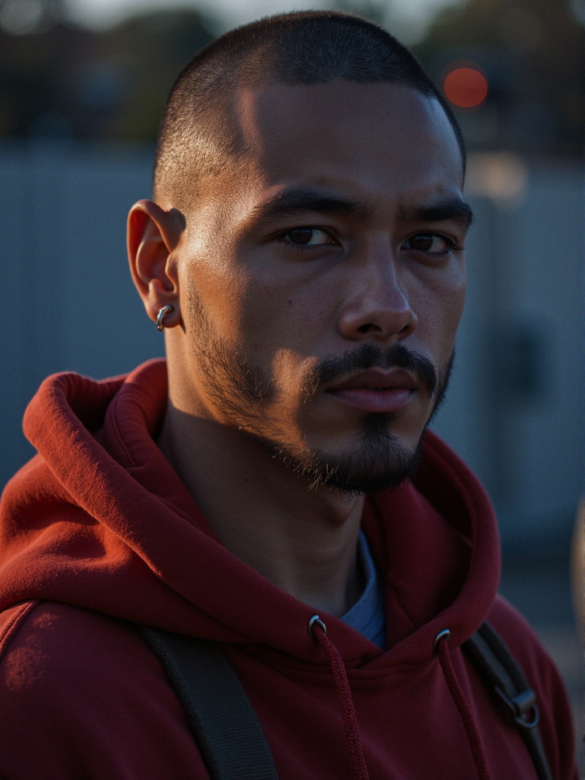Young man in red hoodie with focused expression