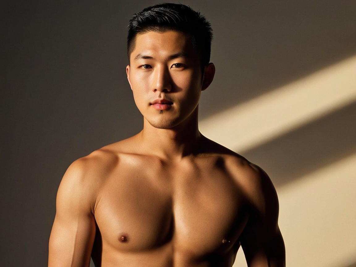 Muscular Young Man Posing in Soft Light Background