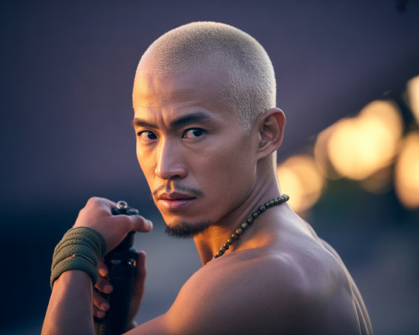 Muscular Man Holding Weapon in Dramatic Lighting