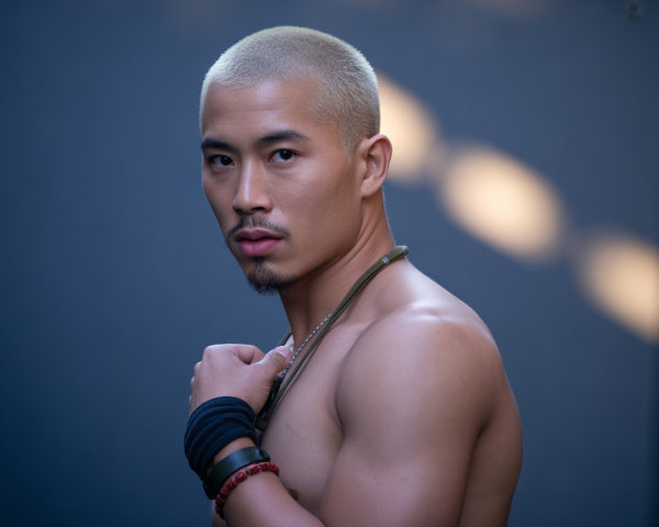 Muscular Man Posing with Tattoos and Strong Expression