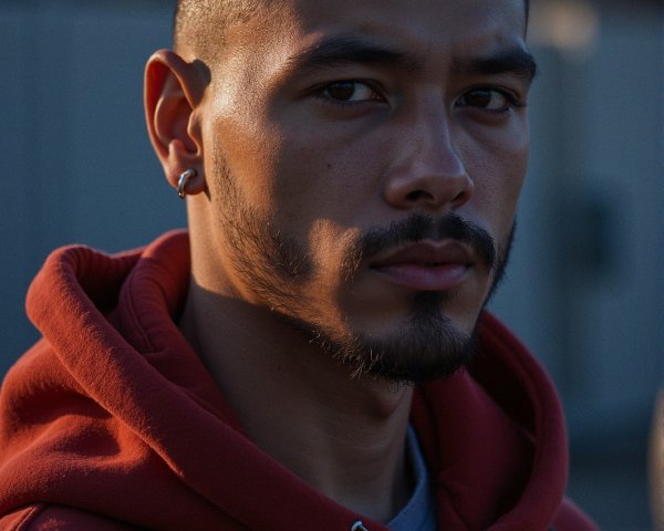 Young man in red hoodie with focused expression