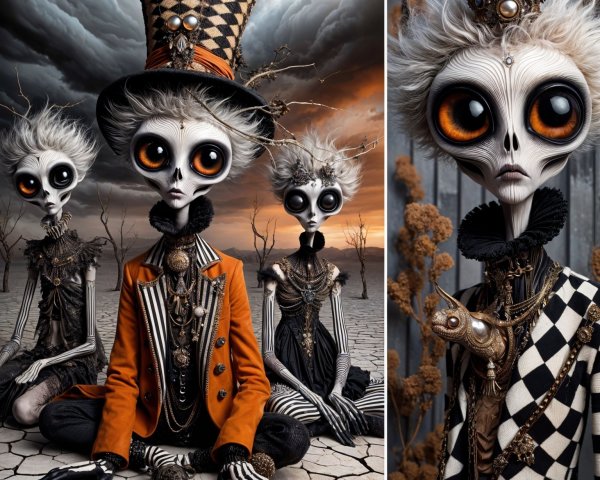 Whimsical Skeleton Figures in Surreal Landscape