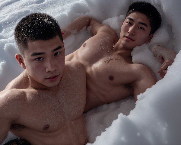 Young Men in Snowy Setting with Bare Torsos