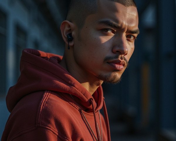 Young man in maroon hoodie with earbuds in corridor