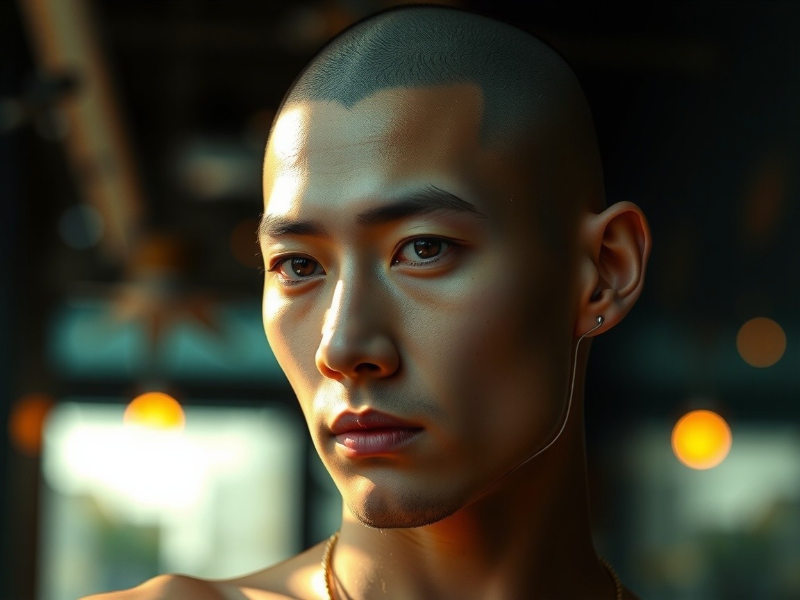 Close-up Portrait of Young Man with Shaved Head